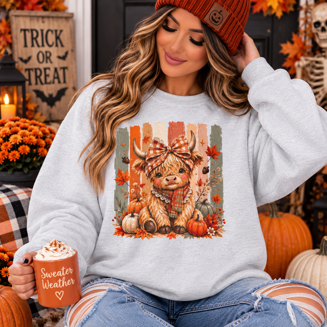 Autumn Harvest Cow Sweatshirt — Cute Highland Calf with Pumpkins Fall Crewneck
