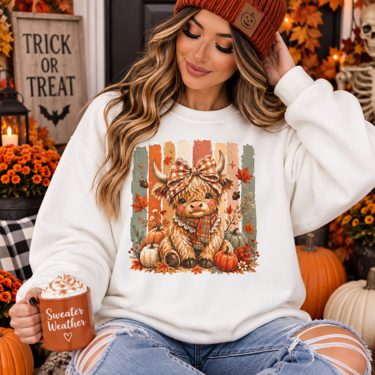Autumn Harvest Cow Sweatshirt — Cute Highland Calf with Pumpkins Fall Crewneck