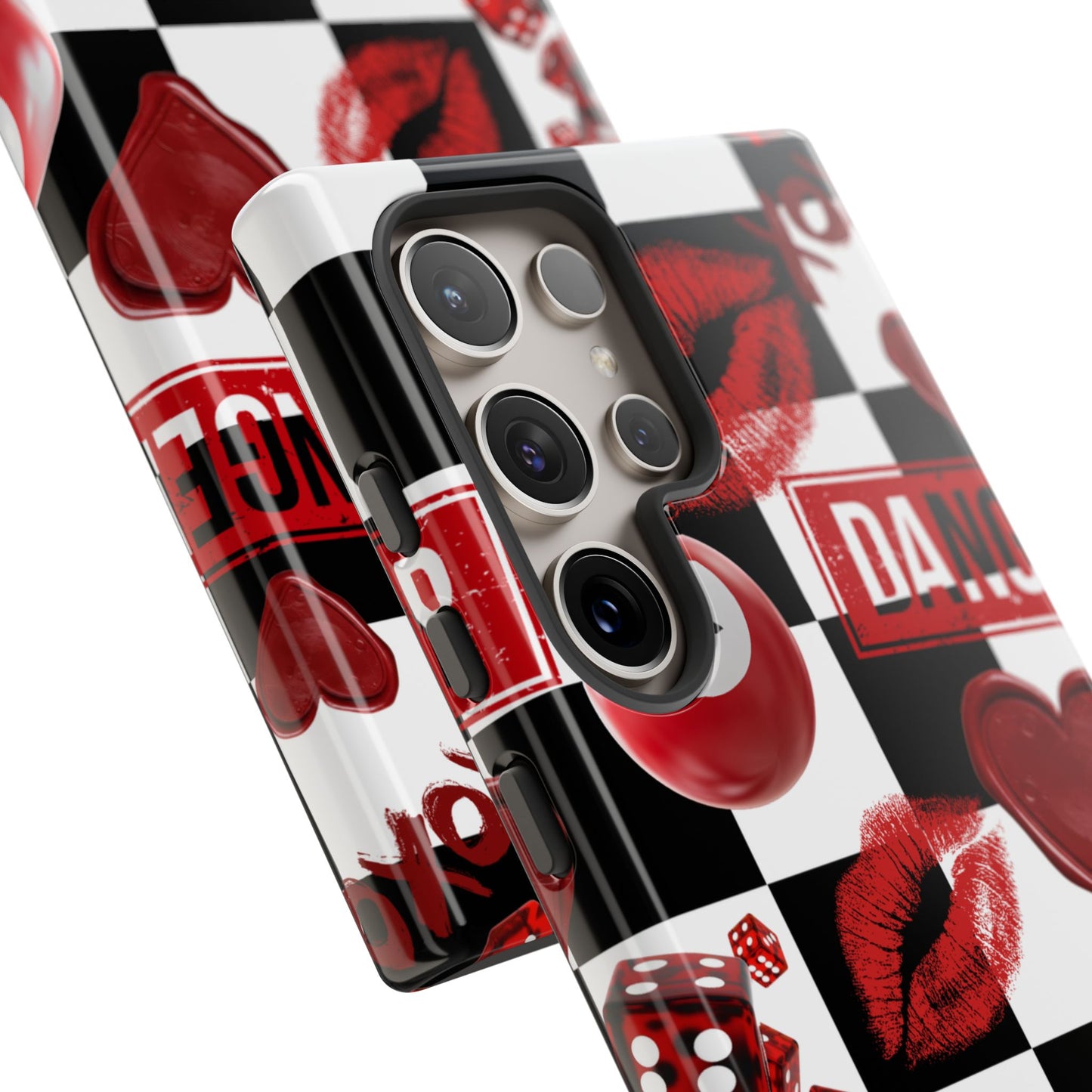 Red Kiss Heart Checkerboard phone case | Danger XOXO dice pattern
