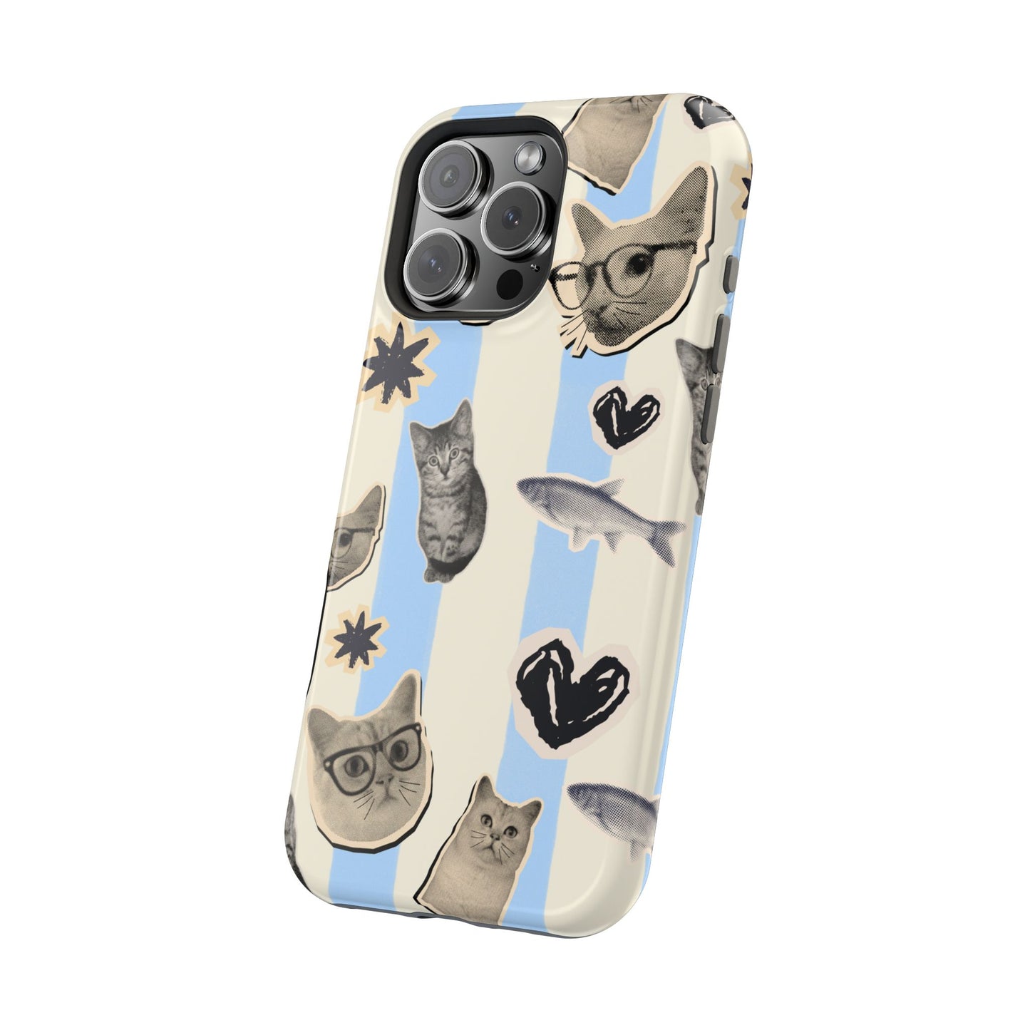 Cat Pattern Magnetic Impact Phone Case — Cute Cats, Fish & Hearts Design