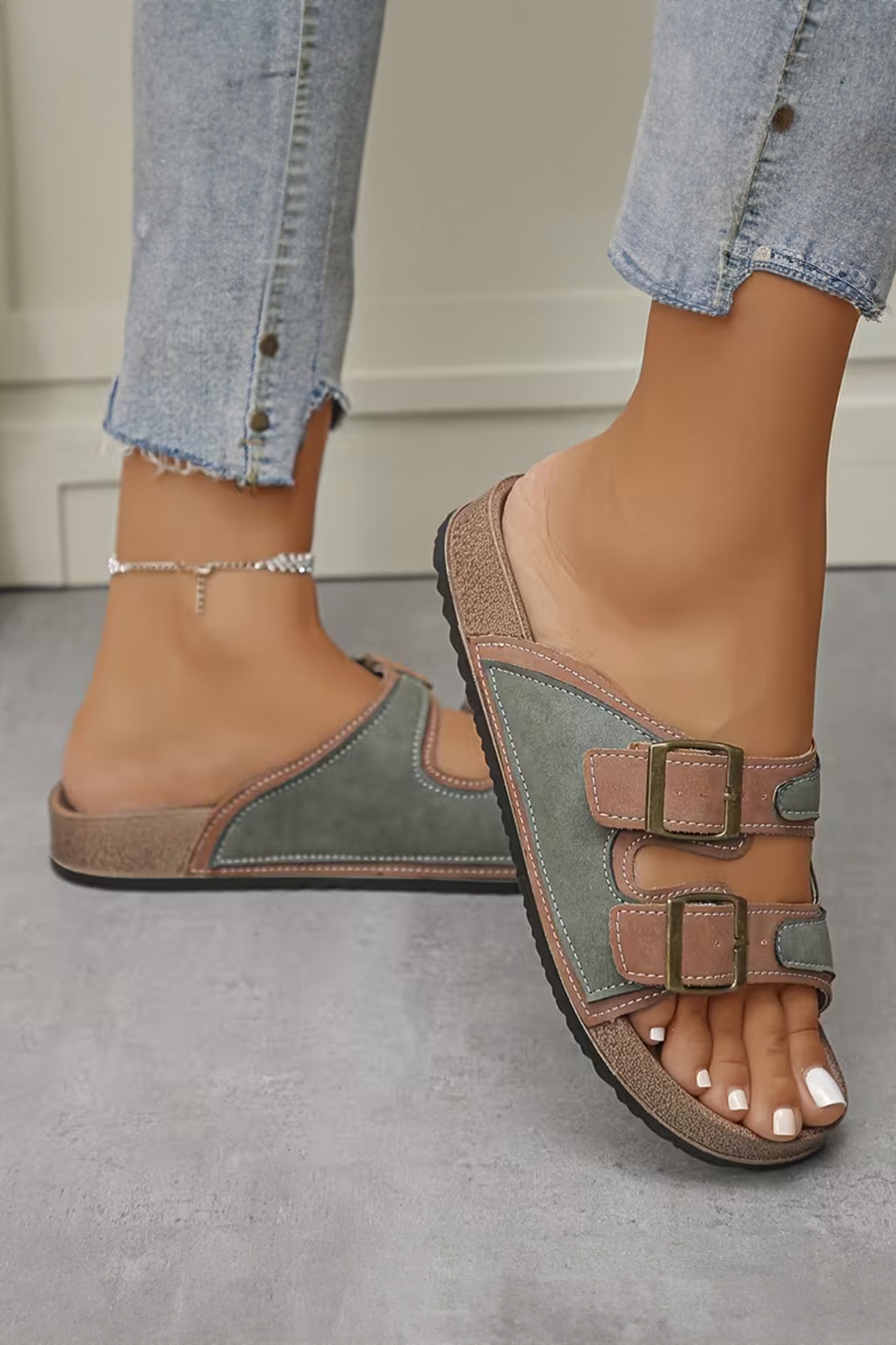 Dusk Blue Embroidered Trim Retro Buckle Faux Suede Slippers