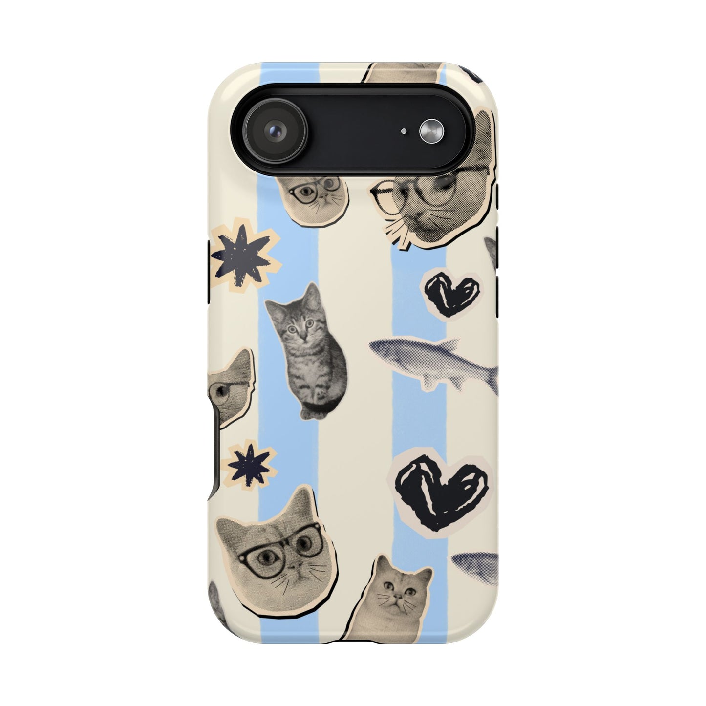 Cat Pattern Magnetic Impact Phone Case — Cute Cats, Fish & Hearts Design