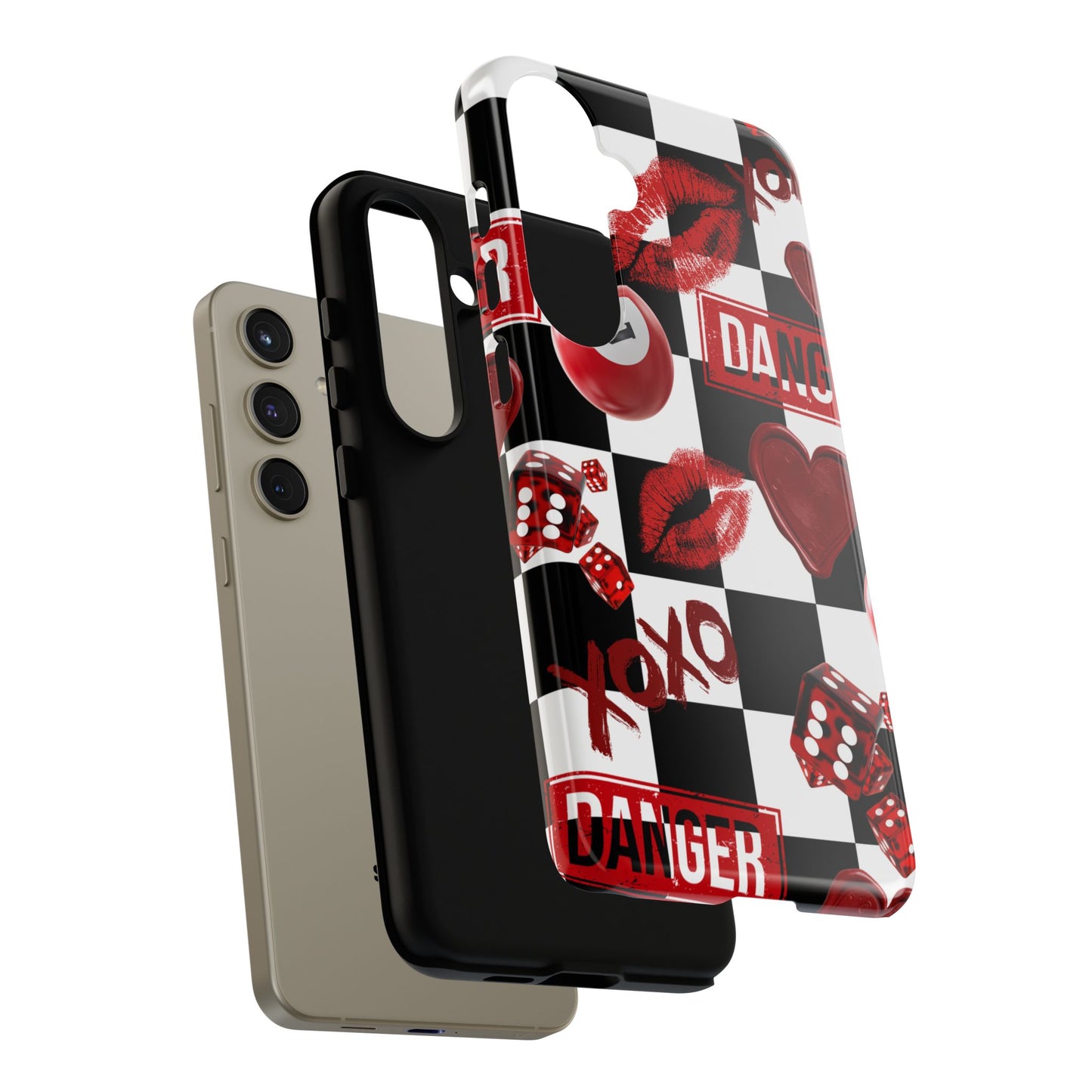 Red Kiss Heart Checkerboard phone case | Danger XOXO dice pattern