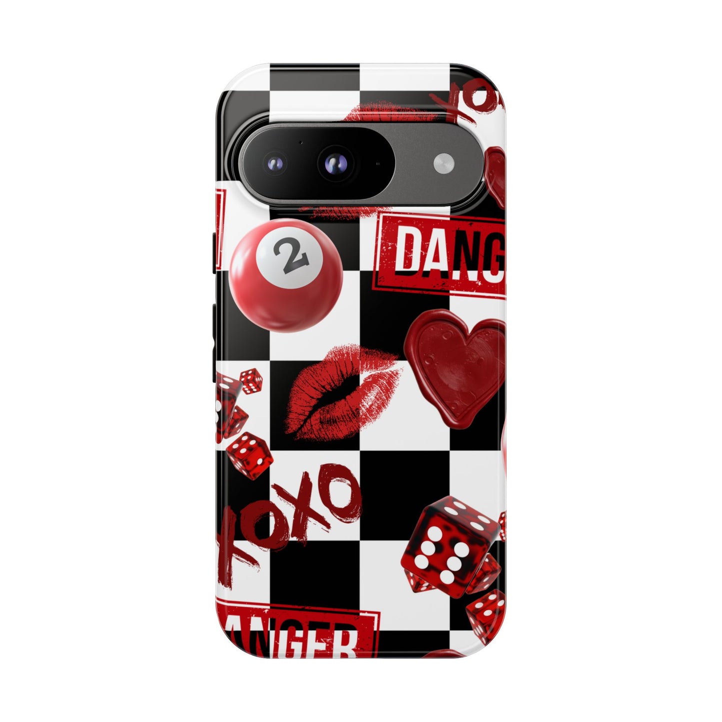 Red Kiss Heart Checkerboard phone case | Danger XOXO dice pattern