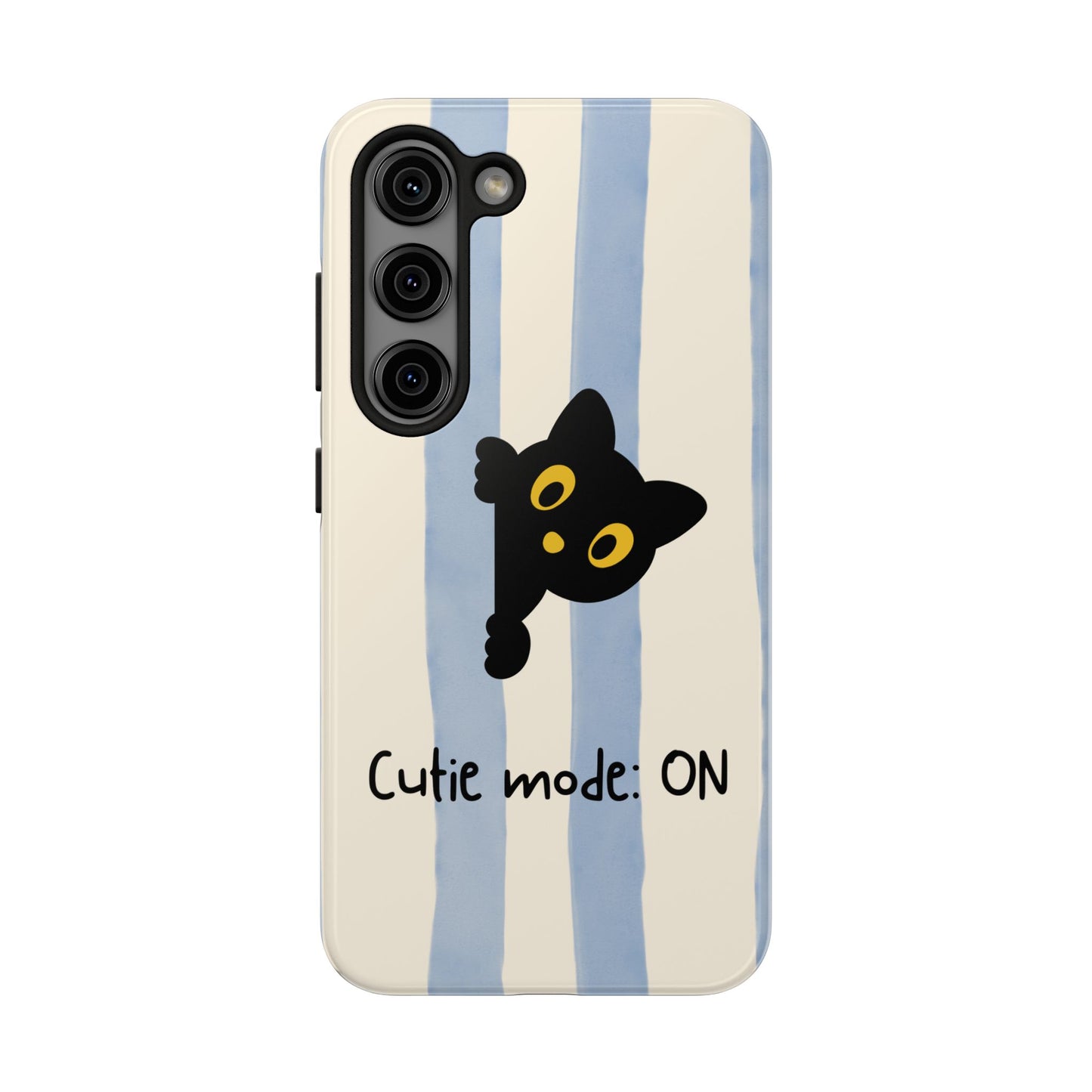 Cute Black Cat "Cutie Mode: ON" Tough Phone Case — Protective Striped Phone Cover