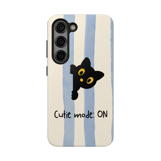 Cute Black Cat "Cutie Mode: ON" Tough Phone Case — Protective Striped Phone Cover
