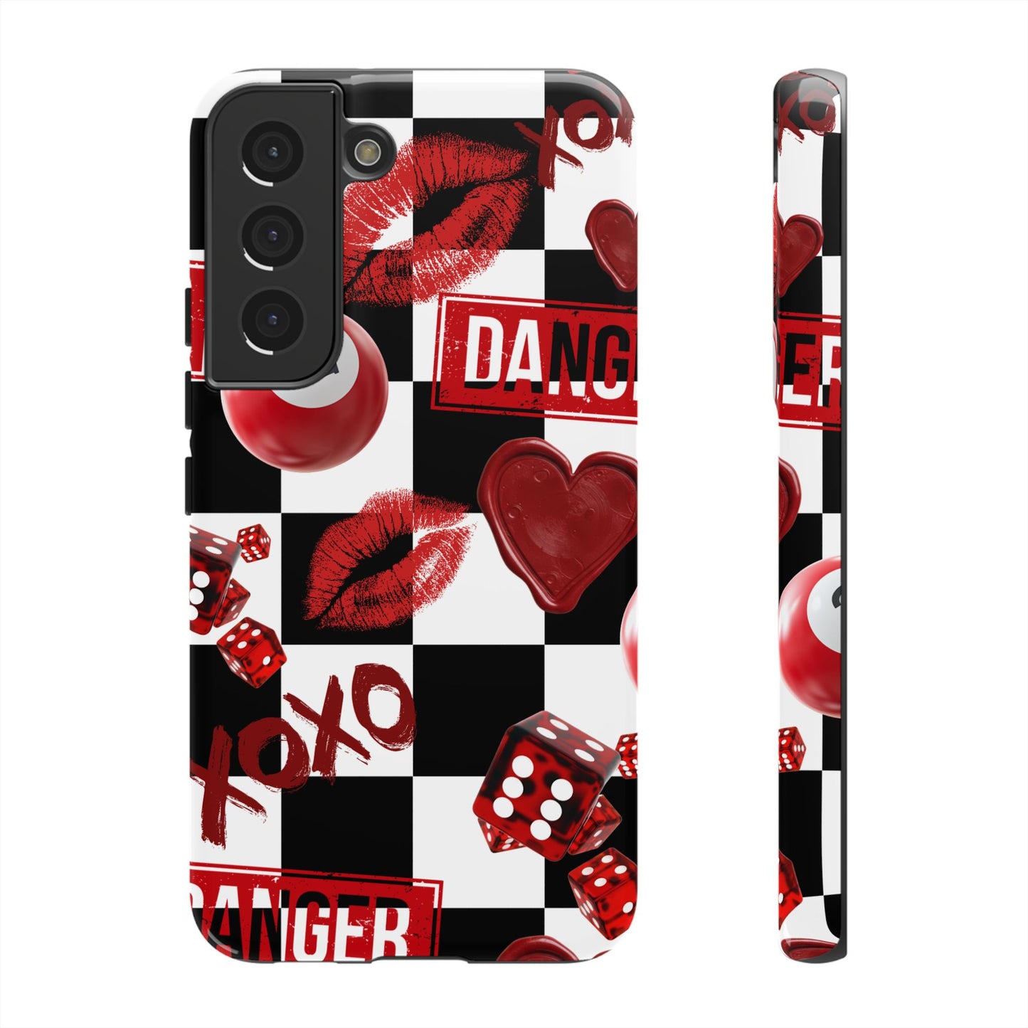 Red Kiss Heart Checkerboard phone case | Danger XOXO dice pattern
