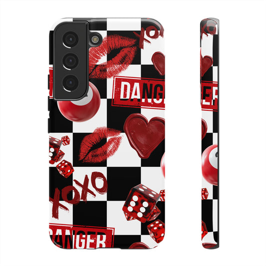 Red Kiss Heart Checkerboard phone case | Danger XOXO dice pattern