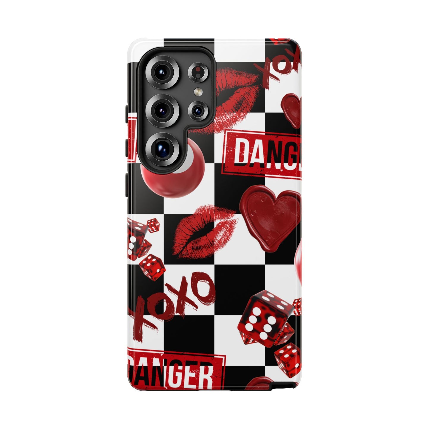 Red Kiss Heart Checkerboard phone case | Danger XOXO dice pattern