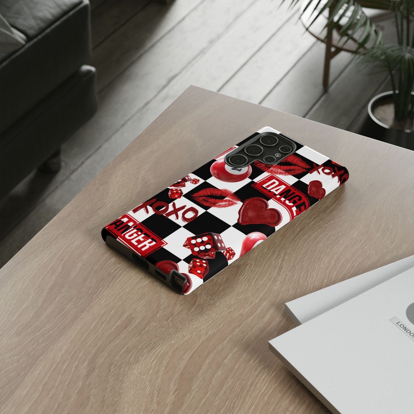 Red Kiss Heart Checkerboard phone case | Danger XOXO dice pattern