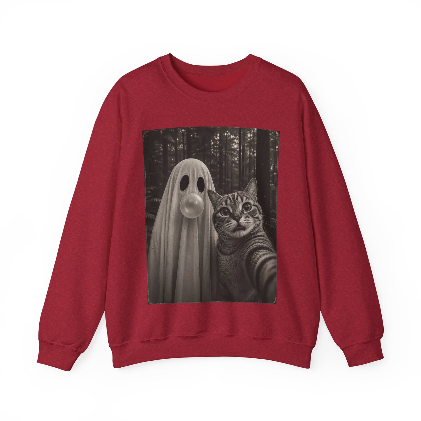 Ghost Selfie Sweatshirt — Cute Cat & Ghost Graphic Crewneck for Halloween