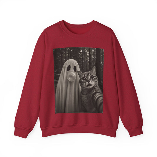 Ghost Selfie Sweatshirt — Cute Cat & Ghost Graphic Crewneck for Halloween