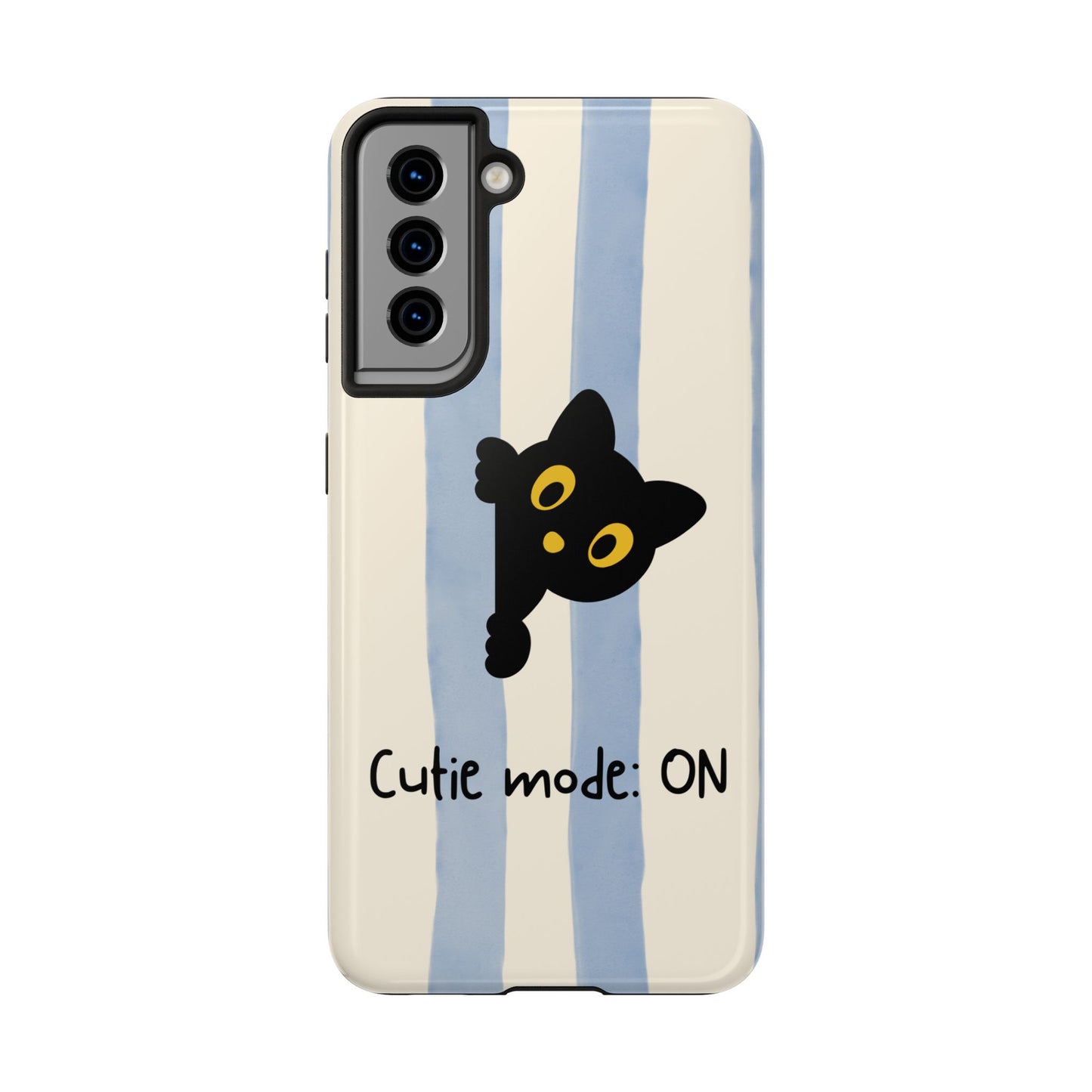 Cute Black Cat "Cutie Mode: ON" Tough Phone Case — Protective Striped Phone Cover