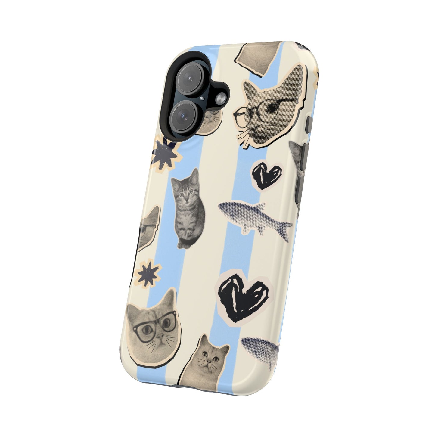 Cat Pattern Magnetic Impact Phone Case — Cute Cats, Fish & Hearts Design