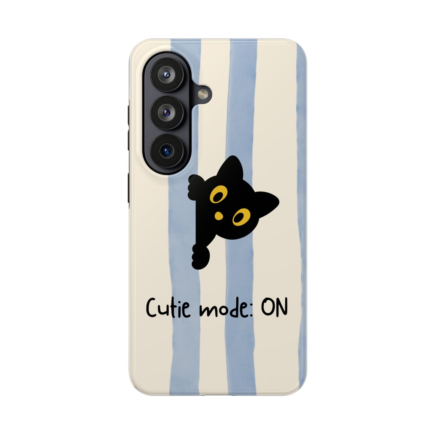 Cute Black Cat "Cutie Mode: ON" Tough Phone Case — Protective Striped Phone Cover