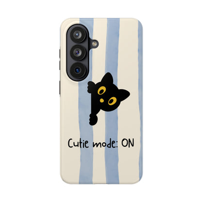 Cute Black Cat "Cutie Mode: ON" Tough Phone Case — Protective Striped Phone Cover