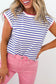 Blue Stripe Contrast Trim Round Neck Cap Sleeve Tee