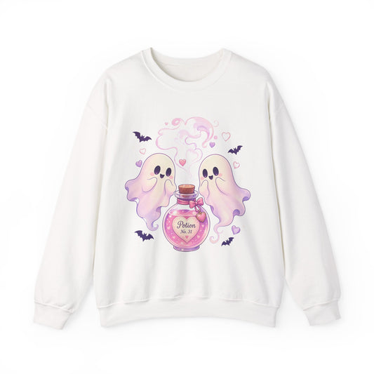 Ghost Potion Crewneck Sweatshirt — Cute Pink Ghosts & Potion Bottle Halloween Pullover