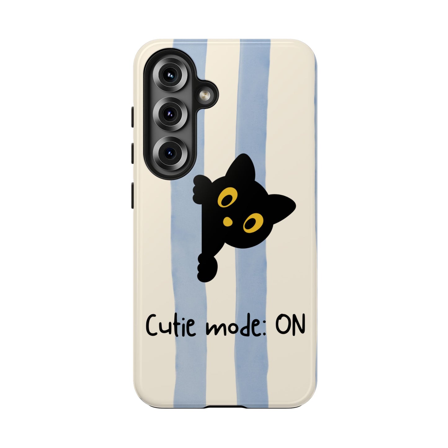 Cute Black Cat "Cutie Mode: ON" Tough Phone Case — Protective Striped Phone Cover
