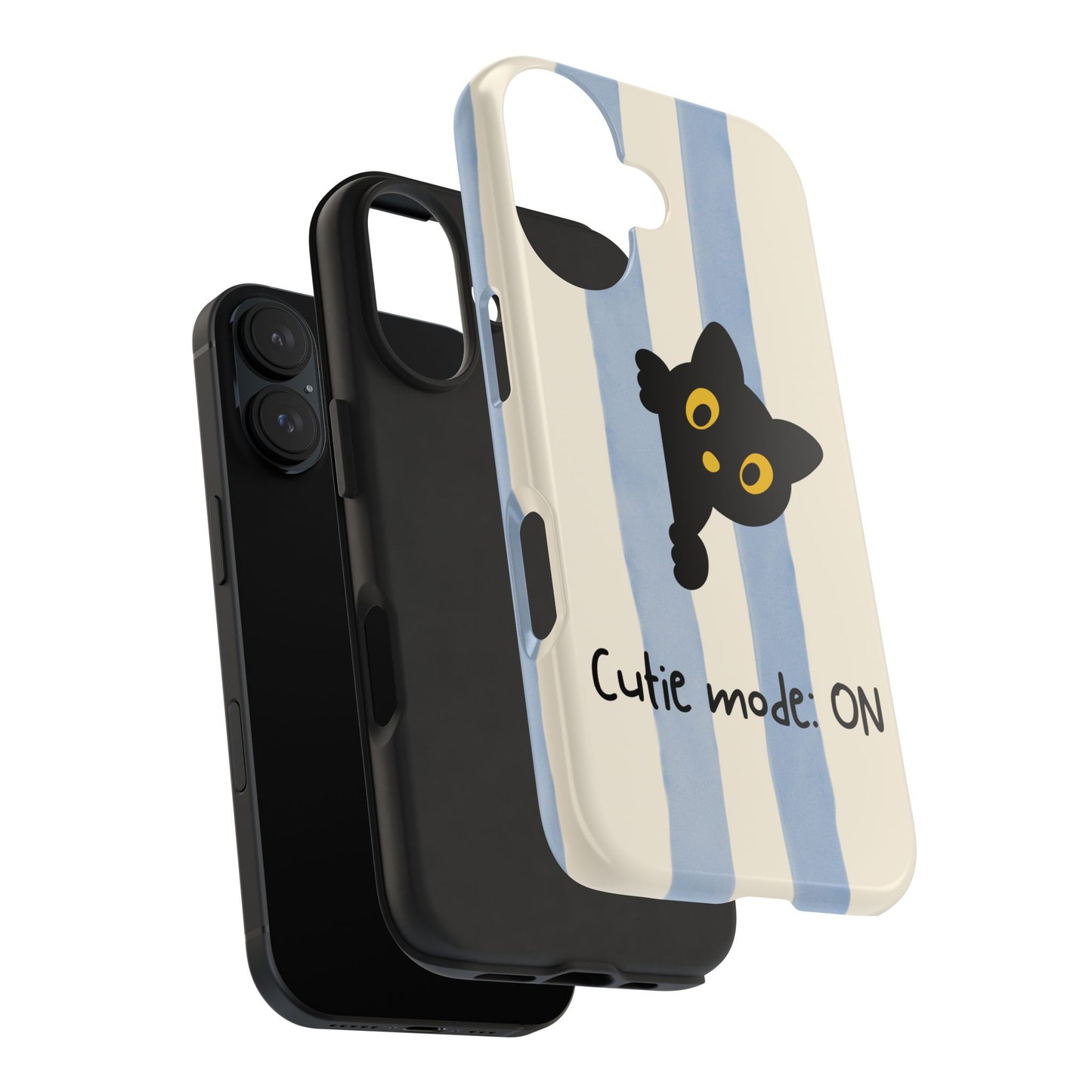 Cute Black Cat "Cutie Mode: ON" Tough Phone Case — Protective Striped Phone Cover
