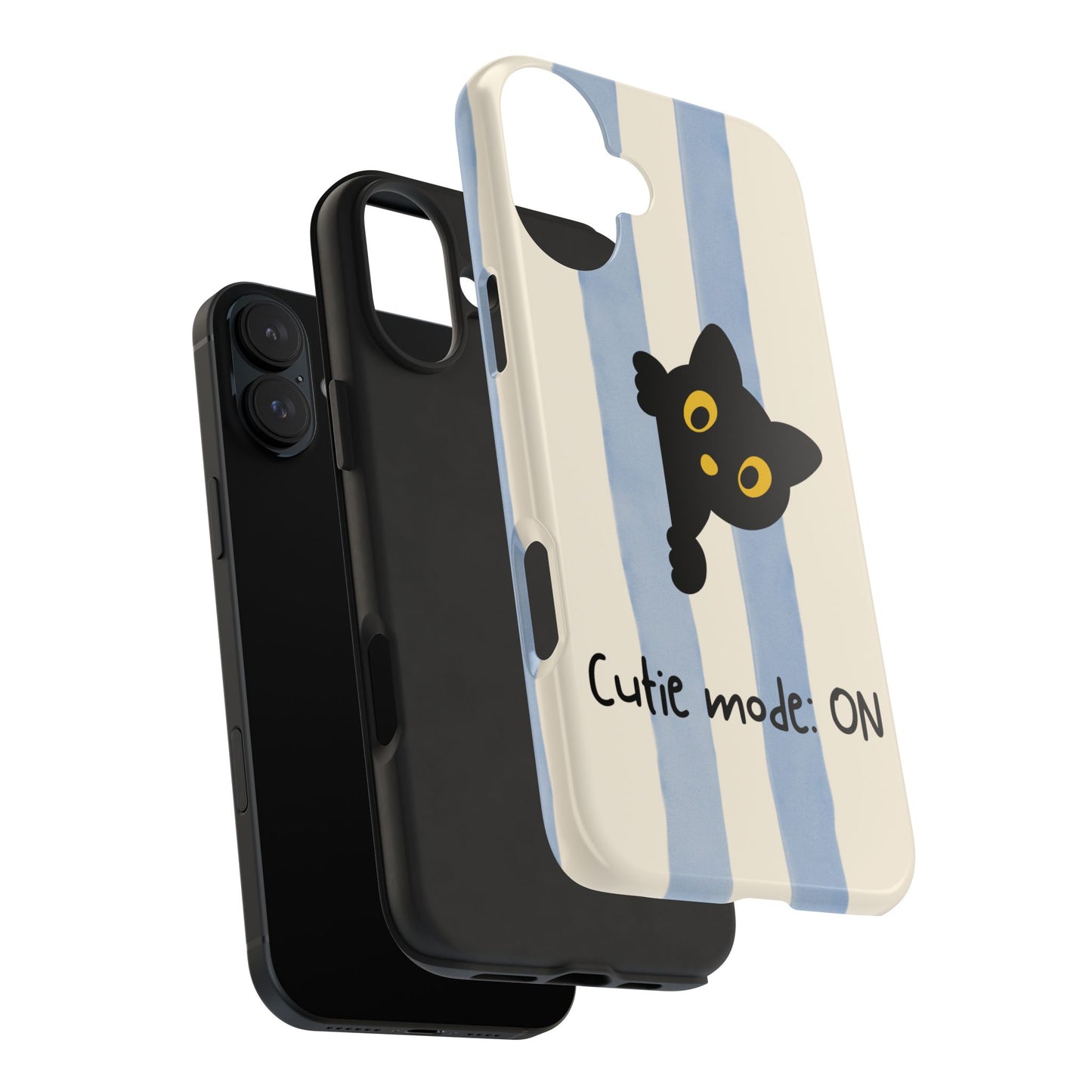 Cute Black Cat "Cutie Mode: ON" Tough Phone Case — Protective Striped Phone Cover