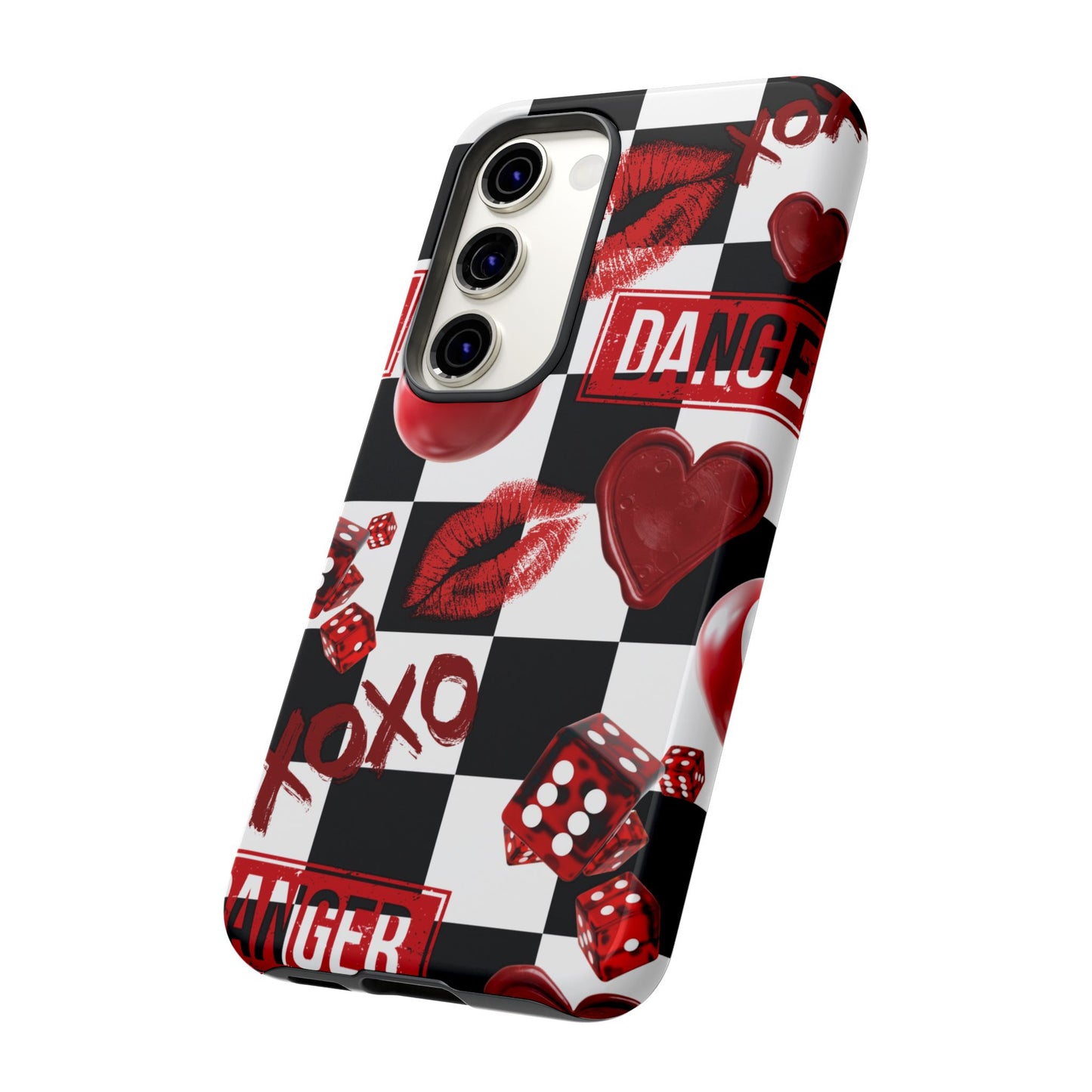 Red Kiss Heart Checkerboard phone case | Danger XOXO dice pattern