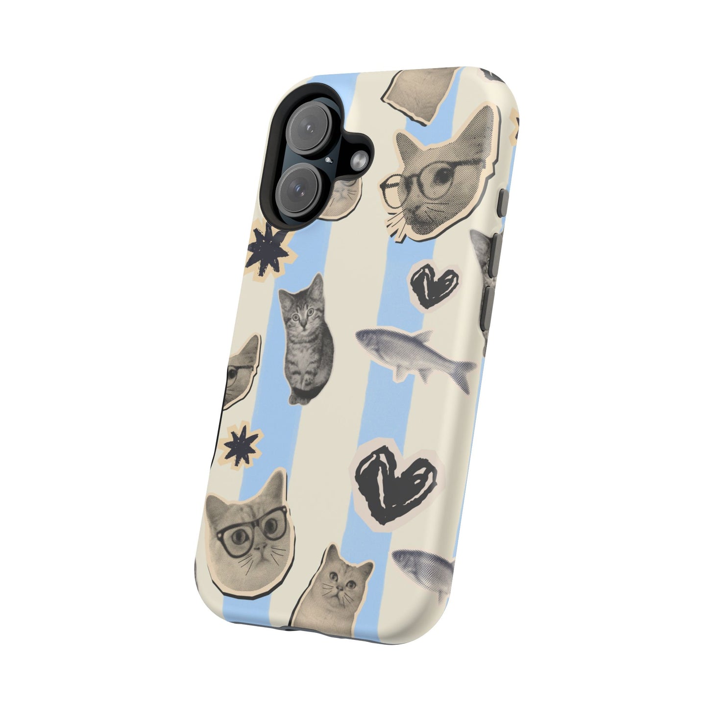 Cat Pattern Magnetic Impact Phone Case — Cute Cats, Fish & Hearts Design