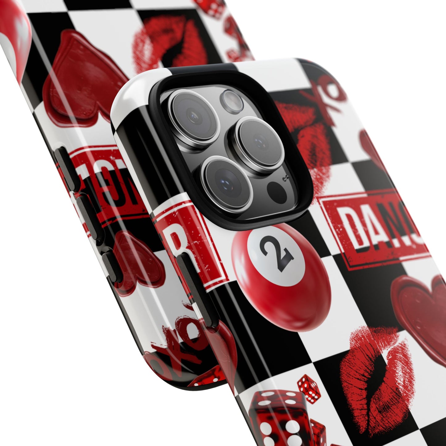 Red Kiss Heart Checkerboard phone case | Danger XOXO dice pattern