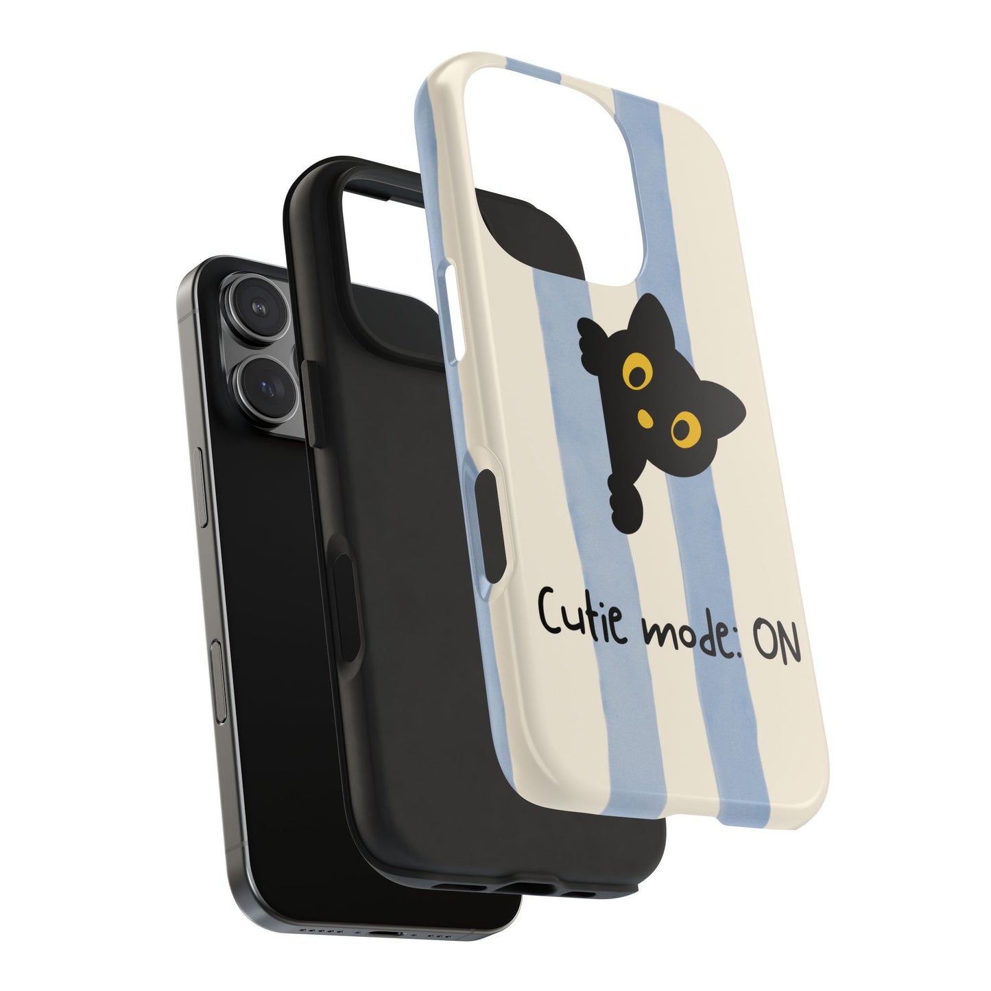 Cute Black Cat "Cutie Mode: ON" Tough Phone Case — Protective Striped Phone Cover