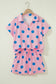 Pink Polka Dot Print V Neck Tee Short Set