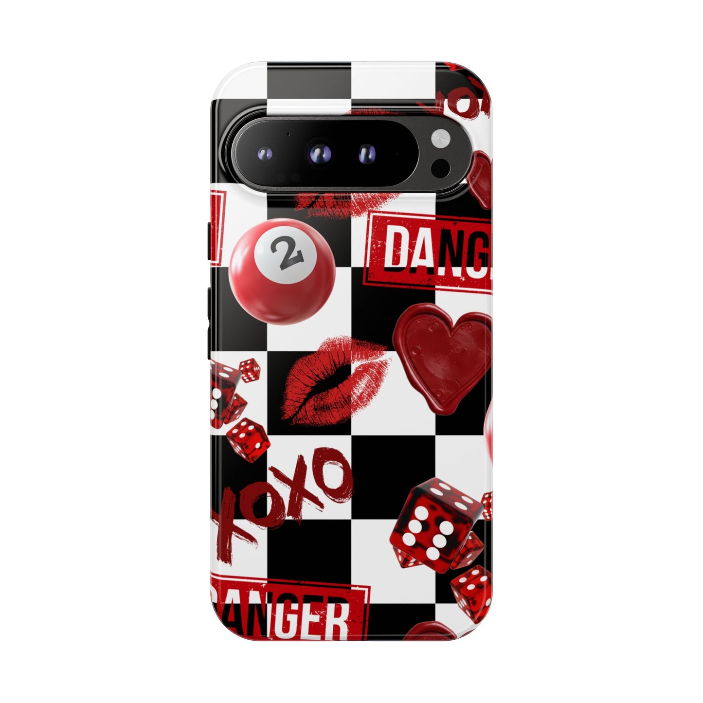 Red Kiss Heart Checkerboard phone case | Danger XOXO dice pattern