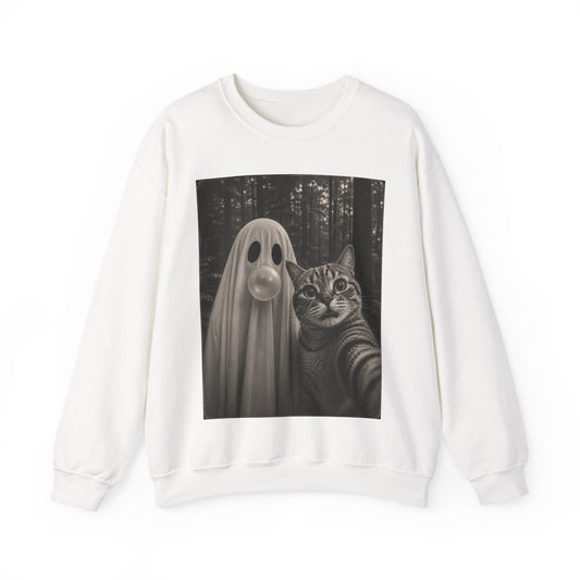 Ghost Selfie Sweatshirt — Cute Cat & Ghost Graphic Crewneck for Halloween