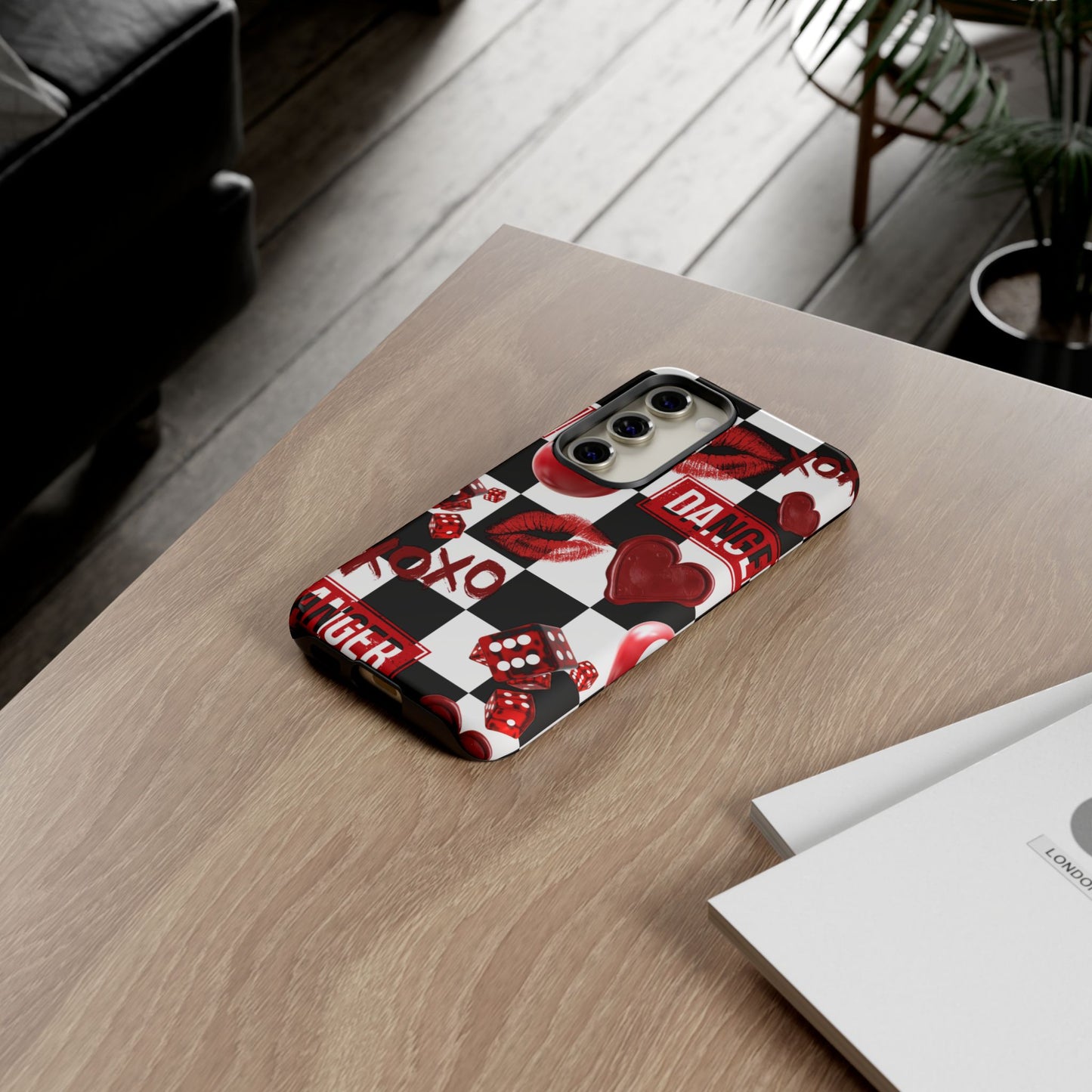 Red Kiss Heart Checkerboard phone case | Danger XOXO dice pattern