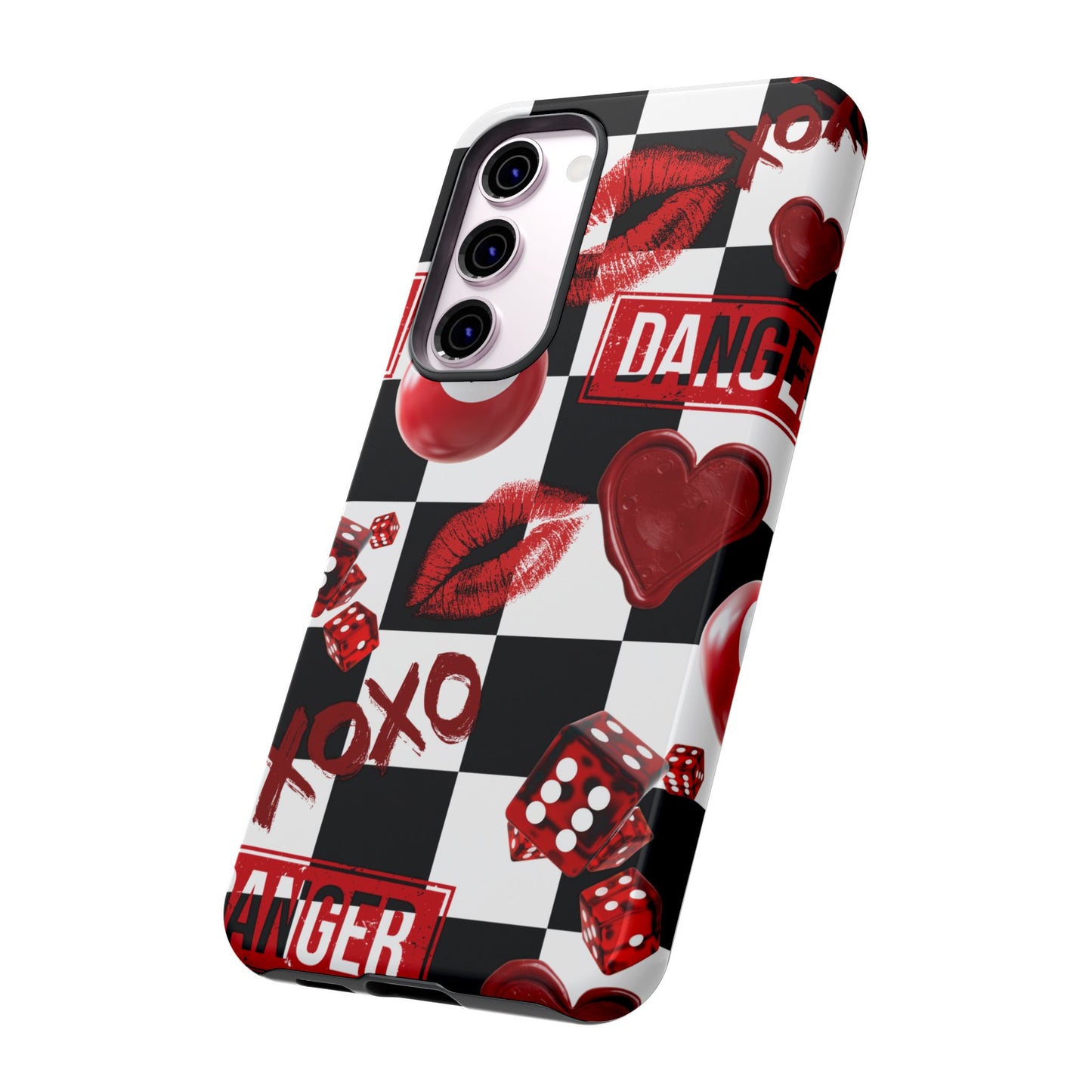 Red Kiss Heart Checkerboard phone case | Danger XOXO dice pattern