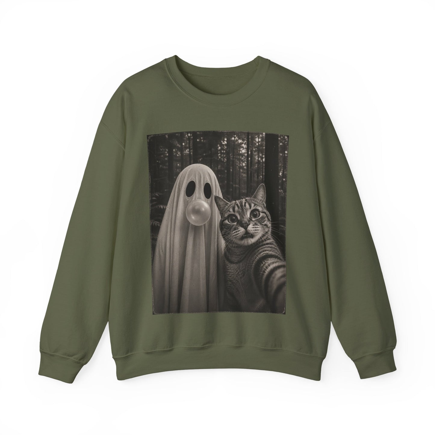 Ghost Selfie Sweatshirt — Cute Cat & Ghost Graphic Crewneck for Halloween