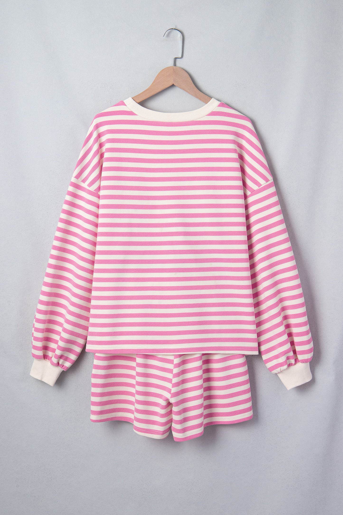 Pink Striped Long Sleeve Crew Neck Drawstring Waist Shorts Set