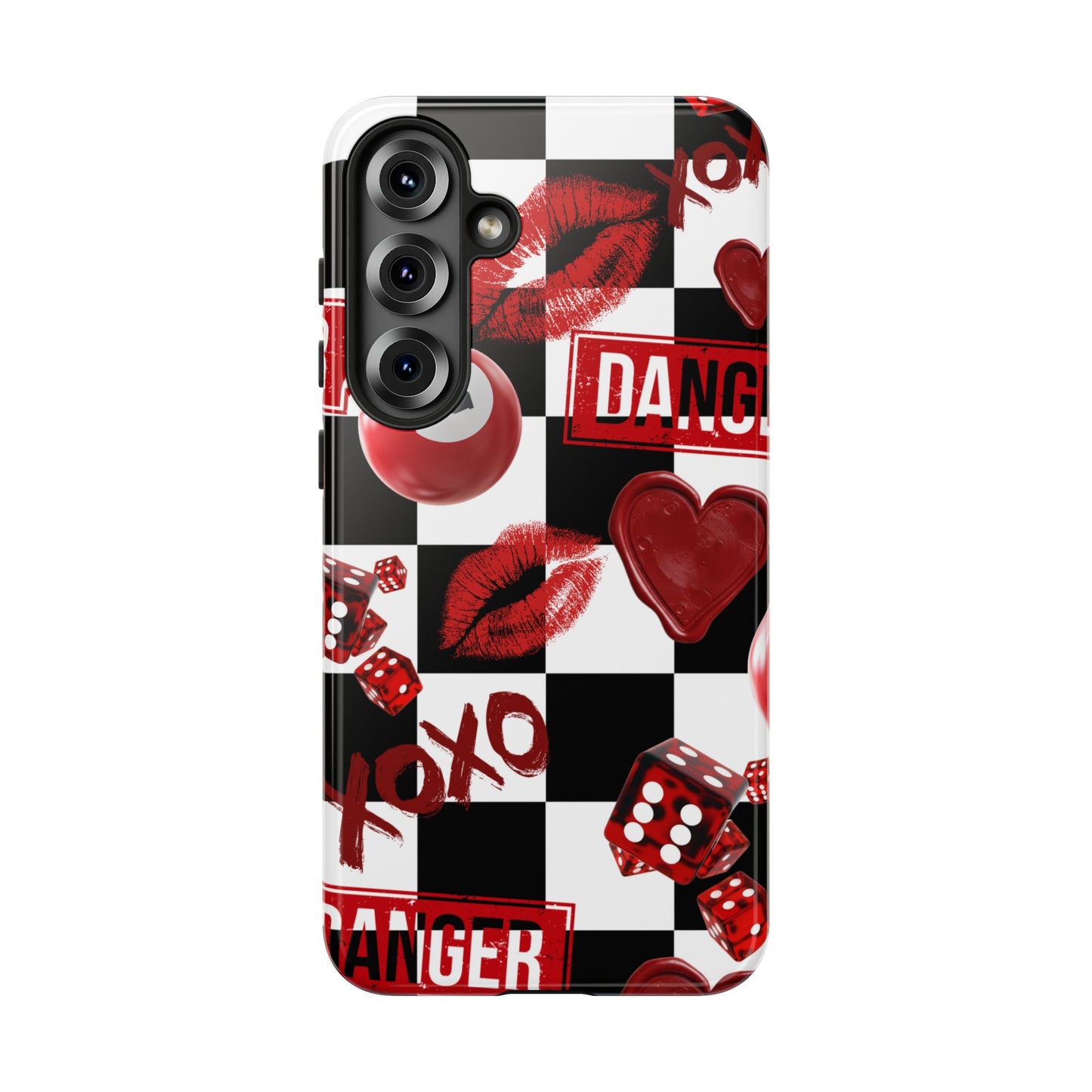 Red Kiss Heart Checkerboard phone case | Danger XOXO dice pattern