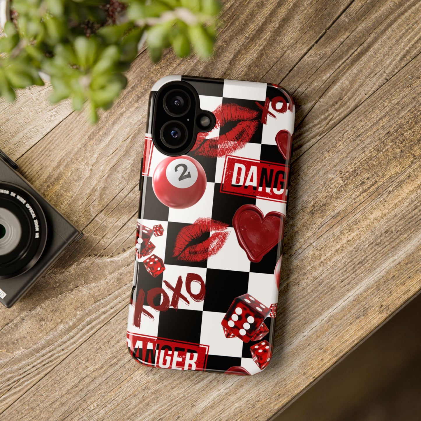 Red Kiss Heart Checkerboard phone case | Danger XOXO dice pattern