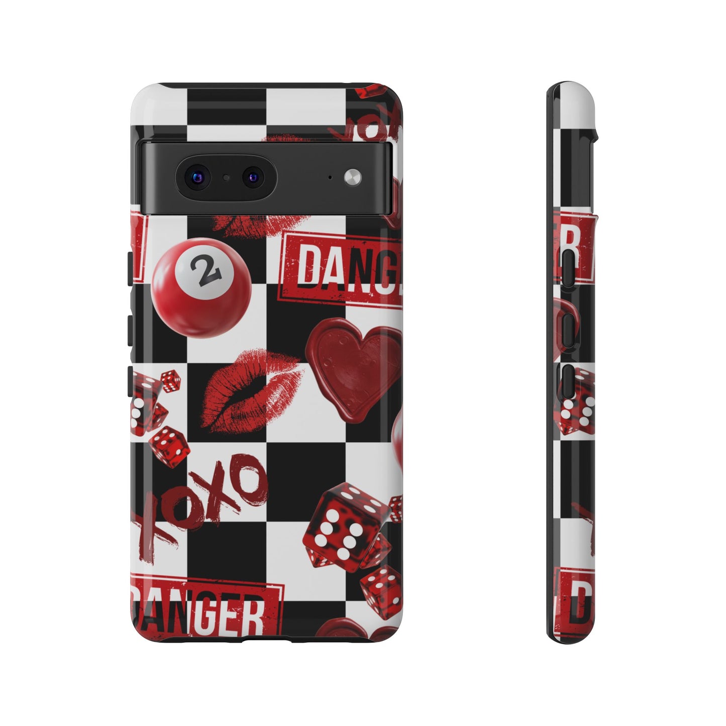 Red Kiss Heart Checkerboard phone case | Danger XOXO dice pattern