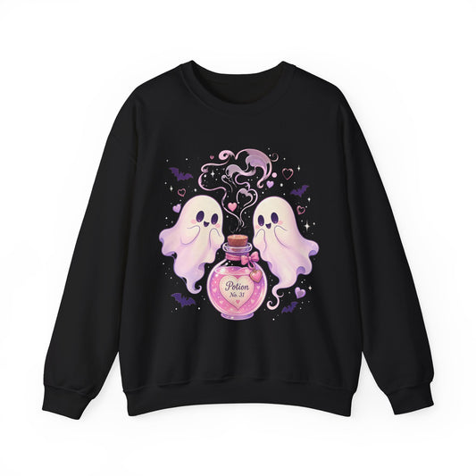 Ghost Potion Crewneck Sweatshirt — Cute Pink Ghosts & Potion Bottle Halloween Pullover