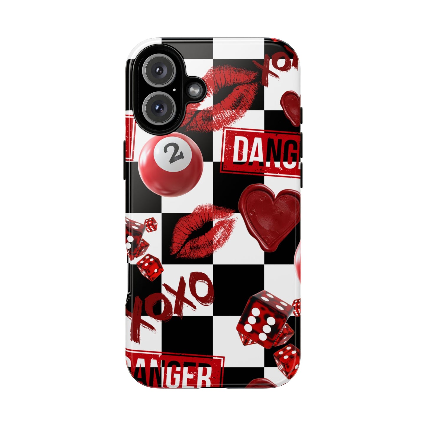Red Kiss Heart Checkerboard phone case | Danger XOXO dice pattern