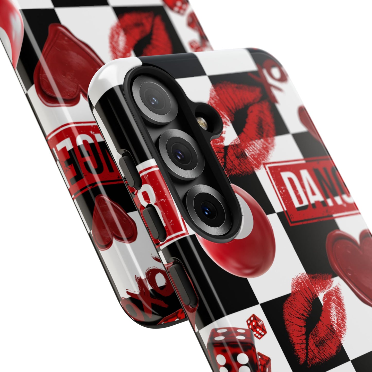 Red Kiss Heart Checkerboard phone case | Danger XOXO dice pattern