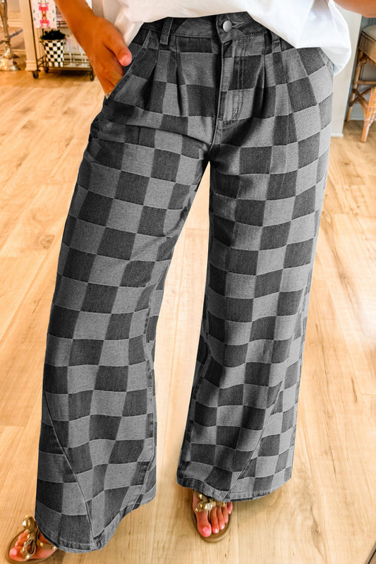 Dark Gray Checkered Wide-Leg Jeans
