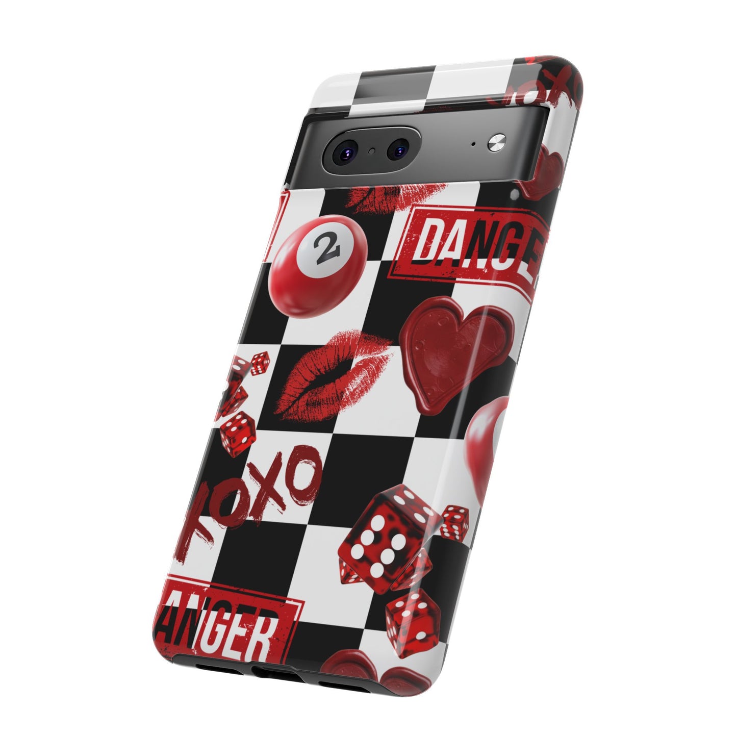 Red Kiss Heart Checkerboard phone case | Danger XOXO dice pattern