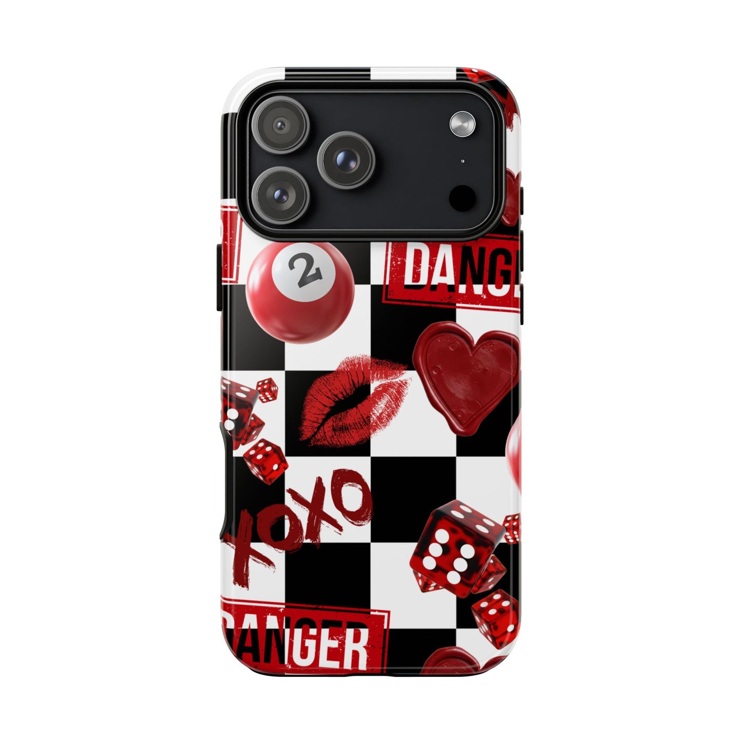 Red Kiss Heart Checkerboard phone case | Danger XOXO dice pattern