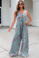 Gray Beau Floral Print Pleated High Waist Wide Leg Denim Jumpsuit