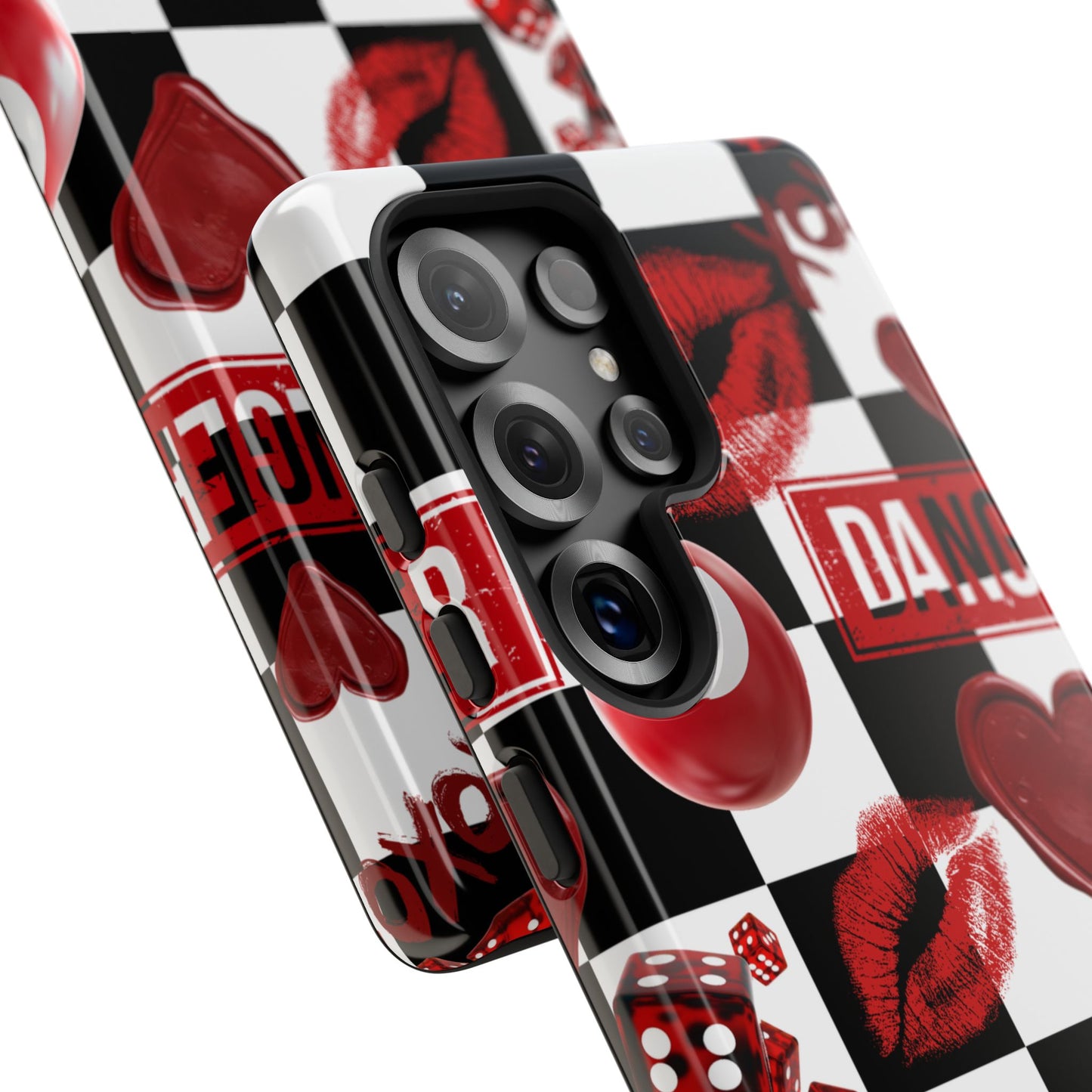 Red Kiss Heart Checkerboard phone case | Danger XOXO dice pattern