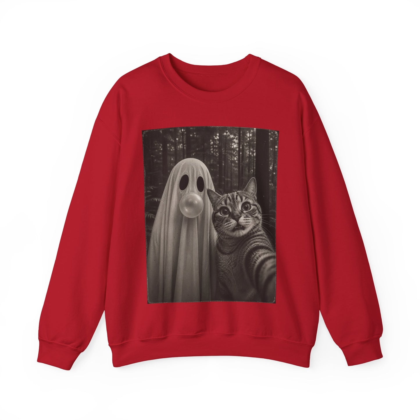 Ghost Selfie Sweatshirt — Cute Cat & Ghost Graphic Crewneck for Halloween