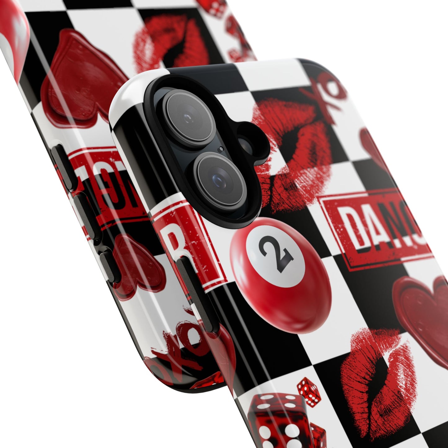 Red Kiss Heart Checkerboard phone case | Danger XOXO dice pattern