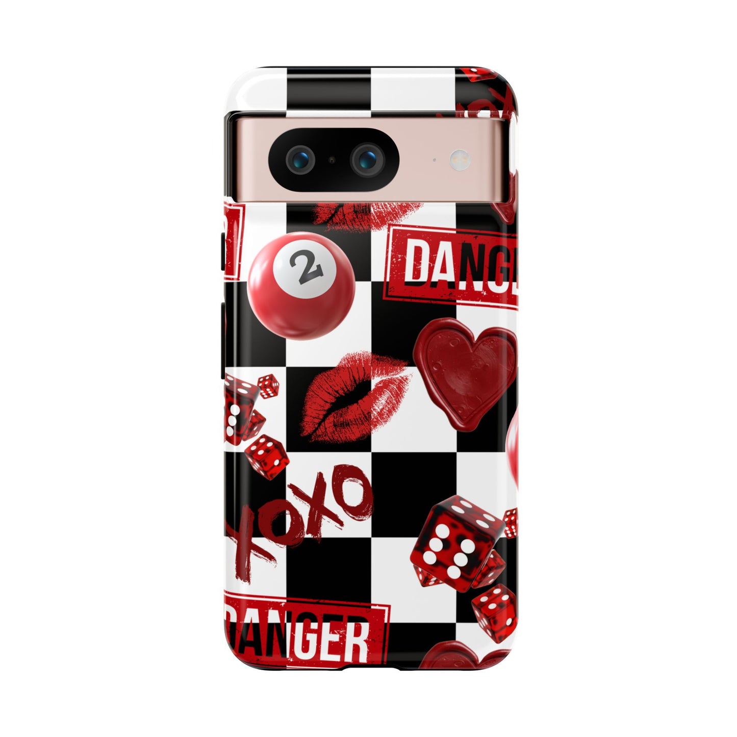 Red Kiss Heart Checkerboard phone case | Danger XOXO dice pattern
